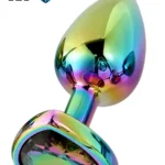 Paslanmaz Çelik Çok Renkli Kalpli Mücevher Taşlı Pürüzsüz Rainbow Metal Anal Butt Plug - Orta Boy