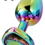 Paslanmaz Çelik Çok Renkli Kalpli Mücevher Taşlı Pürüzsüz Rainbow Metal Anal Butt Plug - Büyük Boy
