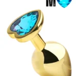Paslanmaz Çelik Mavi Kalpli Mücevher Taşlı Pürüzsüz Gold Metal Anal Butt Plug - Orta Boy