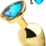 Paslanmaz Çelik Mavi Kalpli Mücevher Taşlı Pürüzsüz Gold Metal Anal Butt Plug - Büyük Boy