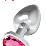 Paslanmaz Çelik Pembe Kalpli Mücevher Taşlı Pürüzsüz Silver Metal Anal Butt Plug - Küçük Boy