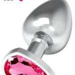 Paslanmaz Çelik Pembe Kalpli Mücevher Taşlı Pürüzsüz Silver Metal Anal Butt Plug - Orta Boy