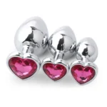 Paslanmaz Çelik Pembe Kalpli Mücevher Taşlı Pürüzsüz Silver Metal Anal Butt Plug - Orta Boy - Görsel 4