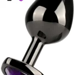 Paslanmaz Çelik Mor Kalpli Mücevher Taşlı Pürüzsüz Siyah Metal Anal Butt Plug - Büyük Boy